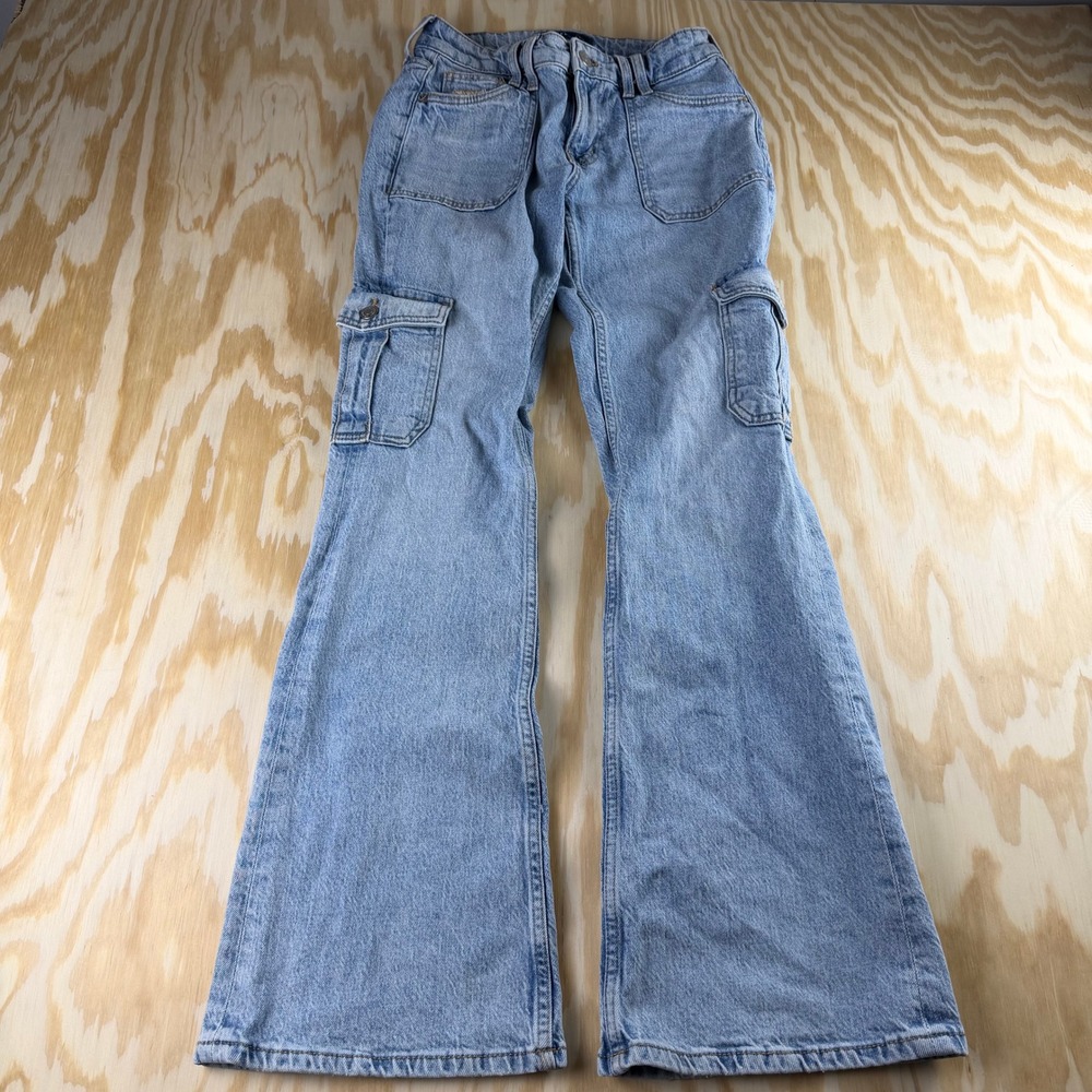 Aeropostale Womens 2R Mid Rise Flare Utility Cargo Jeans Light Wash Blue Denim